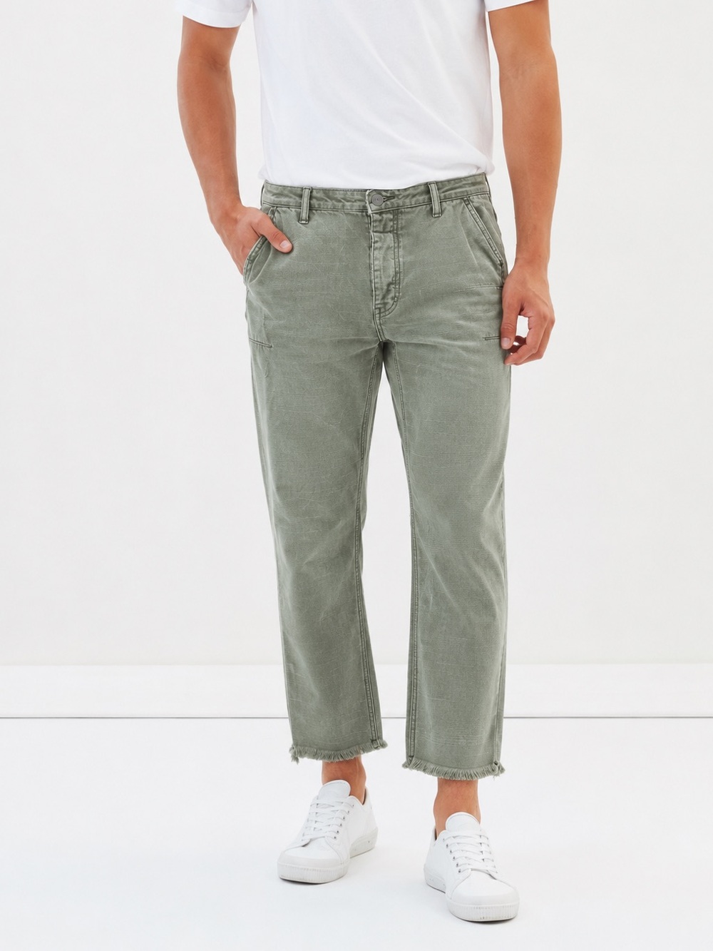 OneTeaspoon Men’s Low Slung Pants Ankle Raw Hem Olive Green Size 36 R Preppy